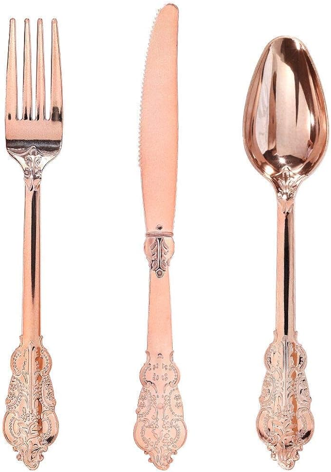 WDF-300 Pieces Rose Gold Plastic Silverware- Disposable Flatware -Heavyweight Plastic Cutlery- Includes 100 Forks, 100 Spoons, 100 Knives for Wedding/Parties/Birthday