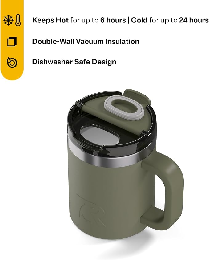 RTIC 12oz Essential Mug with Lid and Handle, Ceramic Lined, Olive | Stainless Steel Metal, Insulated Travel Cup for Hot and Cold Drinks, Coffee, Car, Camping and Travel
