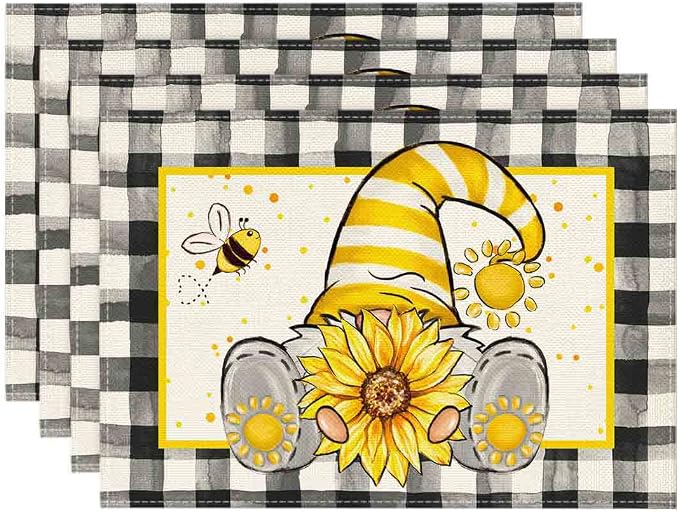 Artoid Mode Buffalo Plaid Gnome Bee Sunflower Summer Placemats Set of 4, 12x18 Inch Seasonal Spring Table Mats for Party Kitchen Dining Decoration