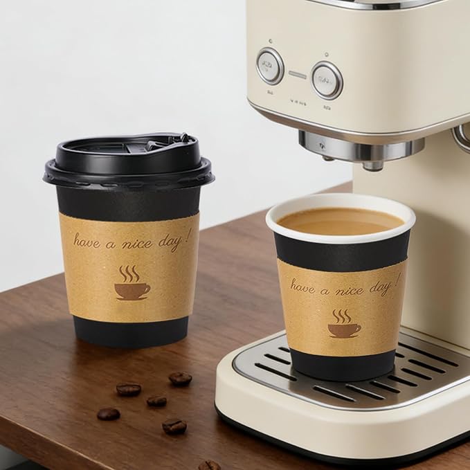 Lamosi 100 Pack 10 oz Coffee Cups, Disposable To Go Paper Cups with Lid | Hot Insulated Cups with Lids, Stir Sticks and Sleeves for Cold Drinks, Tea and Latte, Cafe, Travel and Home Use