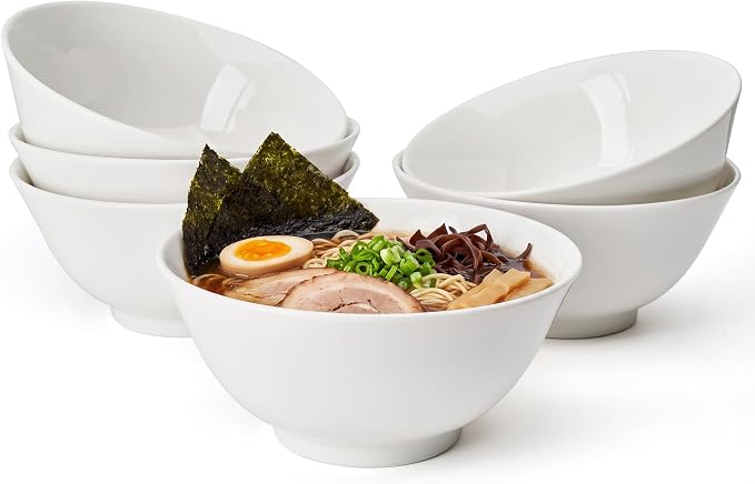 Sweese 18 oz Ceramic Soup Bowls Set of 6, White Pasta Bowls for Ramen, Salad, Noodles, Cereal and Soup, Stackable Serving Bowls for Everyday Meals