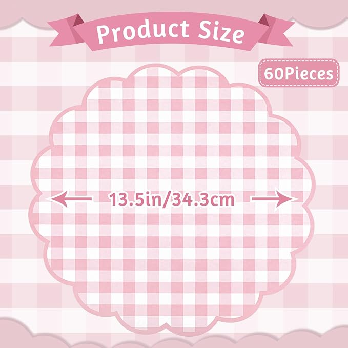 60 Pcs Pink and White Gingham Paper Placemat, Scalloped Checkered Place Mat | 13.5 Inch Disposable Table Placemats Decorative Paper for Anniversay Baby Shower Wedding Banquet Tea Party Picnic