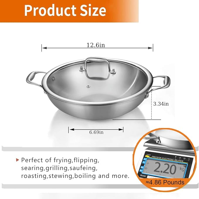 DELARLO Tri-Ply Stainless Steel Wok Pan With Lid, Fast & Even Heat 12Inch Large Stir Frying pan, Induction Saute Pan, Dishwasher Safe Cooking Pan, Induction, Broiler Safe 600℉
