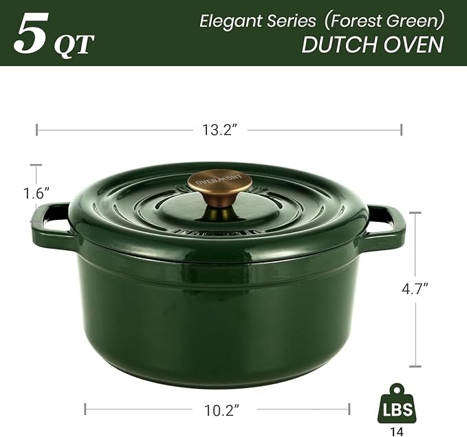 Overmont Enameled Cast Iron Dutch Oven - 5QT Pot with Lid Recipe Potholders | Pre-Seasoned Dutch Oven with Moisture-Sealing Lid, Oven Safe to 500°F, Heavy-Duty Cookware for Braising Stews Roasting Baking