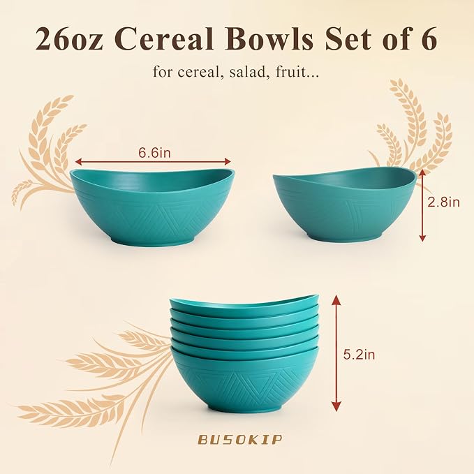Cereal Bowls Sets of 6, Unbreakable & Stackable Wheat Straw Bowls 26oz, Reusable Plastic Bowls for Salad, Fruit, Ramen, Microwave Safe bowls for Camping, Restaurant, RV, Party - Green
