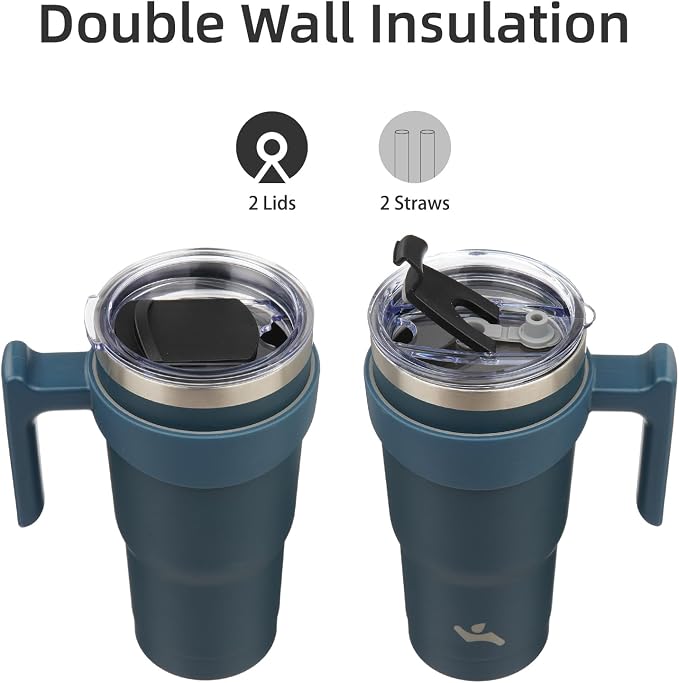 Konokyo 20 oz Tumbler with Handle and Straw, Insulated Travel Mug | Navy Blue; BPA-free, leak-proof tumbler with 2 lids, 2 straws, cup holder fit for coffee, office, travel & daily use