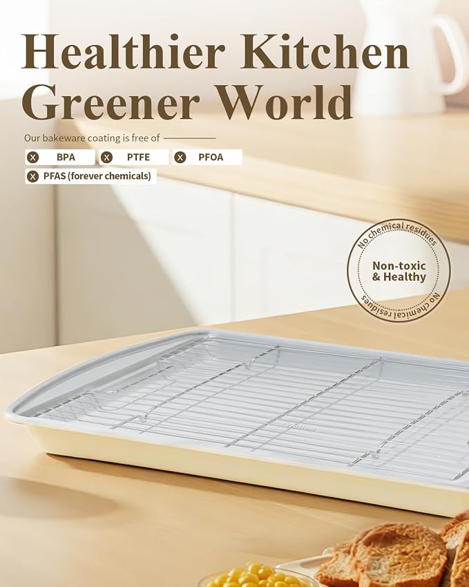 Nonstick Crisp Baking Tray With Wire Rack, Ceramic Coating Jelly Roll 15x10 Cookie Sheet Pan, Non-Toxic, PTFE & PFOA Free, Oven Safe 550°F, Dishwasher Safe, Aluminized Steel, Sunshine Cream