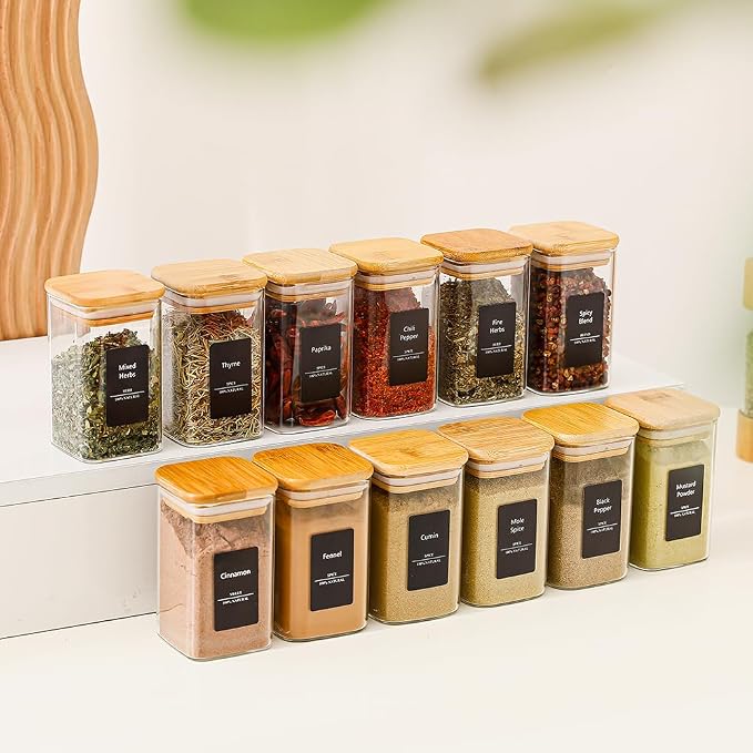 9 Oz Spice Jars with 275 Labels 16 Pack | Kitchen Airtight Seasoning Empty Organizer with Bamboo Lids