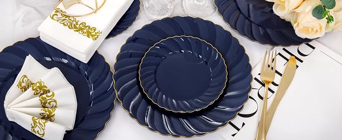 YOUBET 150PCS Blue Plastic Plates for Wedding Birthday Parties | Heavy Duty Navy Blue Disposable Plates include 50 Plates, 75 Silverware, 25 Napkins