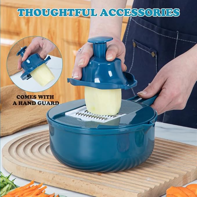 Mandoline Vegetable Slicer Set with 6 Interchangeable Blades, Grater and Peeler, Pink and Blue (Blue)