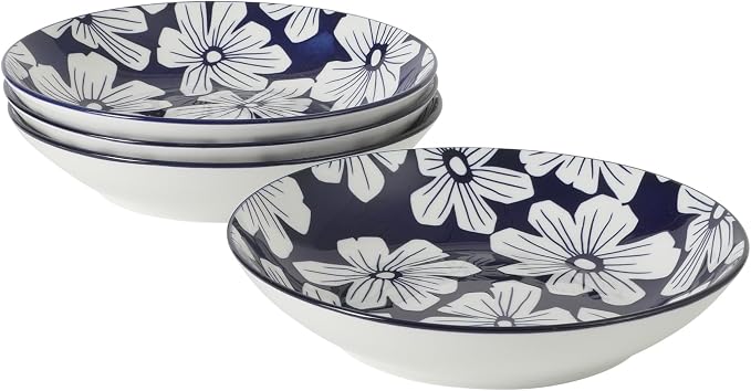 Gibson Home Heritage Sky 4-Piece Pasta Bowl Set, 8 Inch Round Stoneware Bowls, Blue & White Floral Design, Decorative Everyday Use