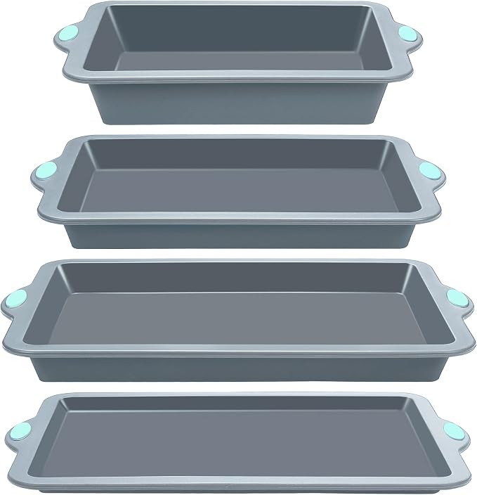 Silicone Baking Pans Set, 4 Pieces Nonstick Bakeware Set with Baking Pans, Baking Sheets, Cookie Sheets, Cake Pan with Metal Reinforced Frame More Strength, Light Grey