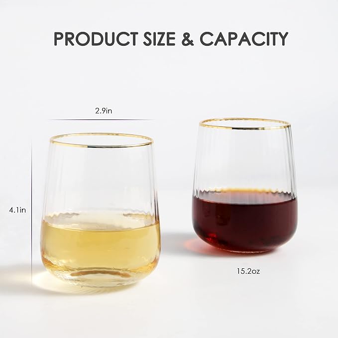 Lysenn Stemless Wine Glasses Set of 4, for Red & White Wine, Gold Rim, 15oz | Hand Blown, Premium Quality, for Dinner Table, Celebration, Holiday Entertaining, Bar Carts and Home Bars, Ideal Wedding Gift