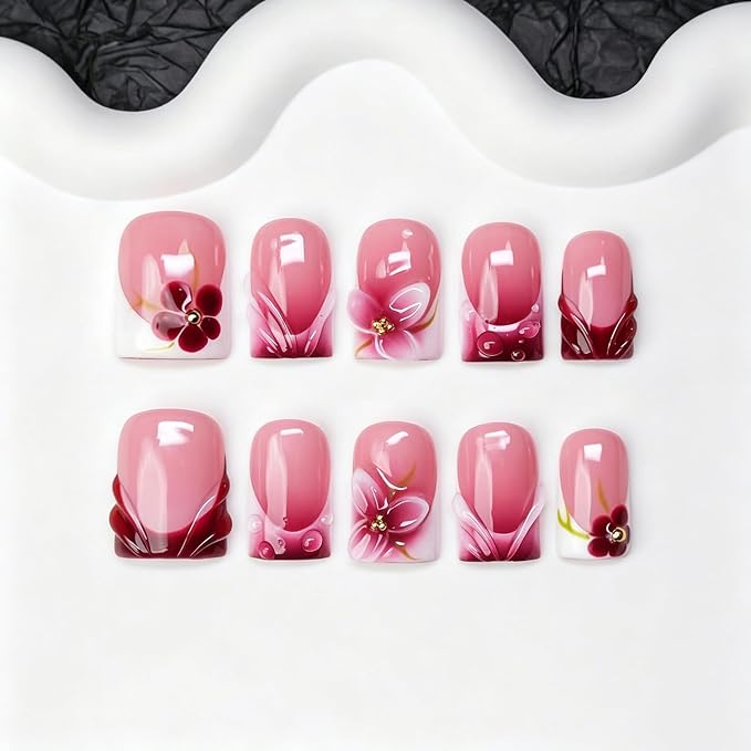 Handmade Press on Nails Gradient French Tip Short Square Acrylic Nails 10pcs Soft Gel Fake Nail Kit with Flower Designs Salon-Quality Muti-Layer Gel Hand Made Press on Nails for Women（M)