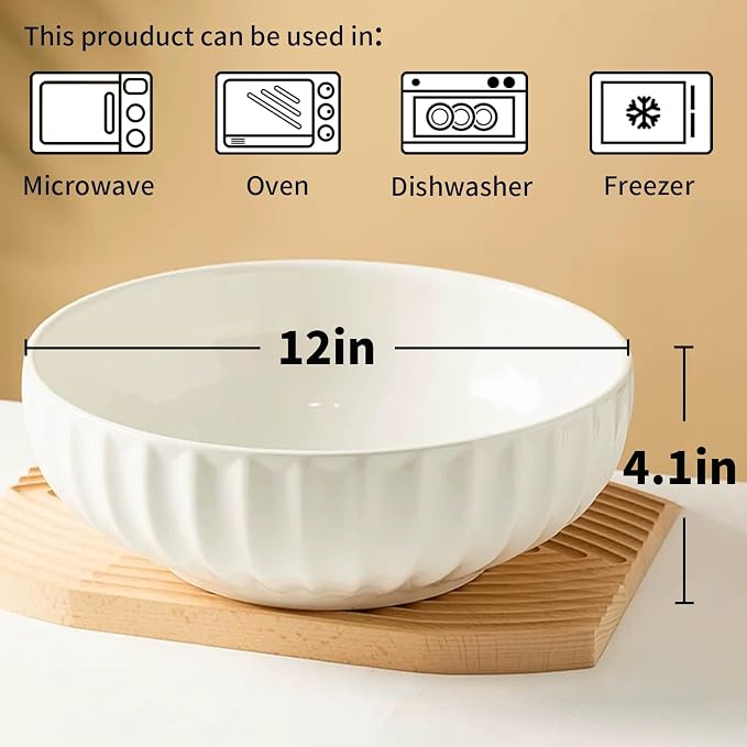 4 Quarts 2 Pcs Extra Large White Serving Bowls with Free Spoons, 12 inch Oversized Big Salad Bowls For Entertaining, Eating, Ceramic Serving Dishes, Pumpkin Serving Bowl Set For Fruit Soup Pasta