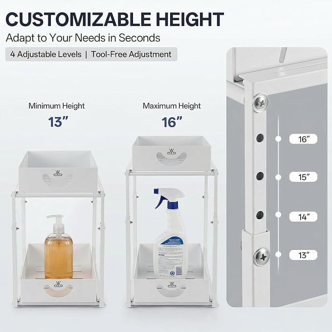 Adjustable Under Sink Organizer, 2 Tier Under Sink Organizers and Storage,Slide Out Metal Cabinet Organizers, Pull Out Cabinet Storage Drawer Shelf for Kitchen Bathroom (1, white)