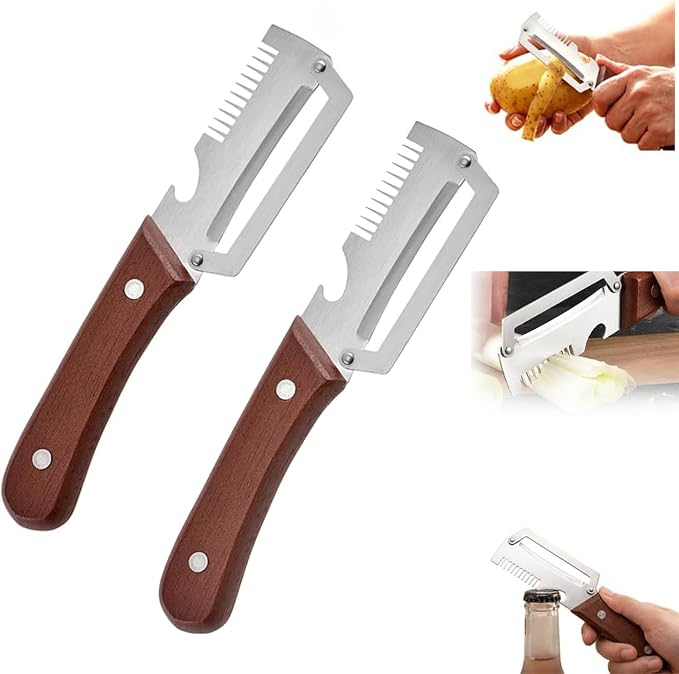 Premium Vegetable Peeler with Wooden Handle and Bottle Opener,Multi-Functional Vegetable Peeler for Kitchen, 2-In-1 Stainless Steel Kitchen Tool, for Fruit Veggie, Includes Bottle Opener (2PCS 3-In-1)