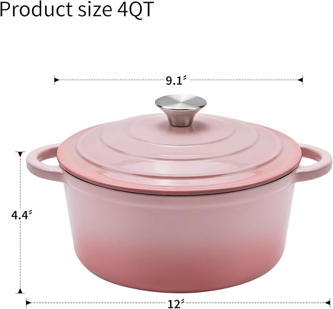 4-QT Enameled Cast Iron Round Dutch Oven With Lid,Oven safe,Pink | Small enameled cast iron Dutch oven,Retains moisture,PFAS-free,500°F,sourdough,braising/stews/roasting,Housewarming Gift