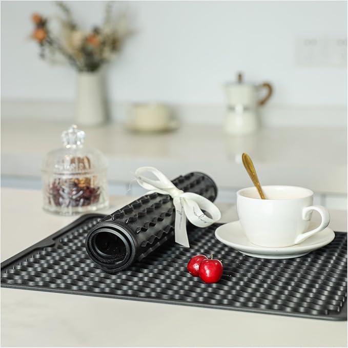 2 Pack Caketime Silicone Dish Drying Mat for Kitchen Counter Cooking Baking Coffee Bar Hot Pads Accessories Dining Home Essentials Under Sink Protector Organizers Stone Rack Trays Drain Black