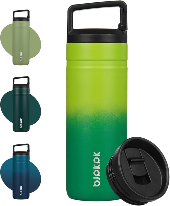 BJPKPK 20 oz Insulated Travel Water Bottle, Coffee Tumbler Stainless Steel | Double Wall Vacuum, Leakproof, Thermal, Keeps Hot/Cold, Dishwasher Safe, Spill Proof, Wide Mouth, 2 Lids, Matcha Green