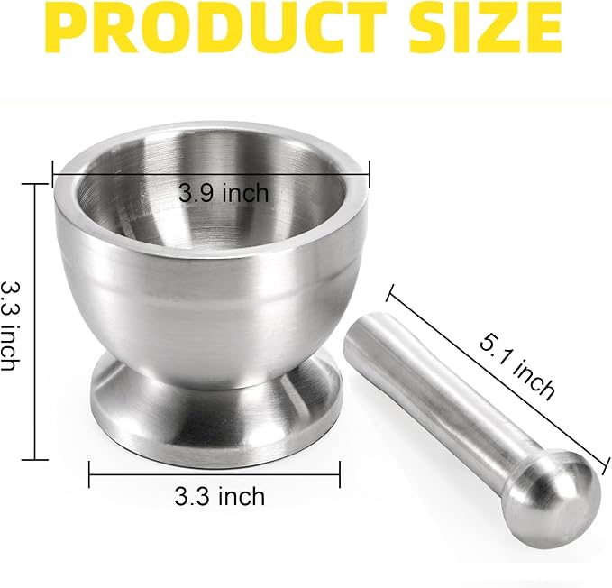 Bekith Mortar and Pestle Sets 18/8 Brushed Stainless Steel Spice Grinder Pill Crusher Molcajete Herb Bowl