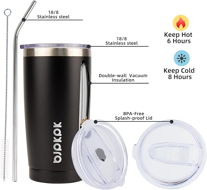 BJPKPK 20 oz Coffee Tumbler with Lid & Straw, Insulated Stainless Steel Mug | Double Wall Vacuum, Keeps Hot/Cold, BPA Free, Leak Proof, Iced Coffee Cup Fit Car Holder, Travel & Beach, Black