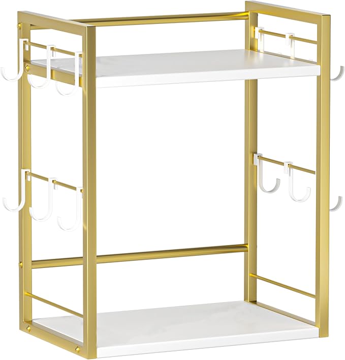 Dorhors Coffee Bar Organizer,Mug Holder,Station Organizer Kitchen Counter | 2 Tier Gold + White Wood Coffee Bar Accessories with 12 Hooks,Countertop Shelf for Mug,Syrup and Accessories