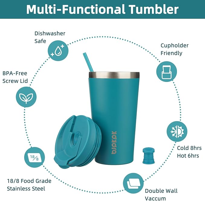 BJPKPK 18 oz Coffee Tumbler with Straw, Insulated Stainless Steel Cup | Double Wall Vacuum, Leak Proof, Keeps Hot/Cold, BPA Free, Dishwasher Safe, Cupholder Friendly, Travel, Laguna