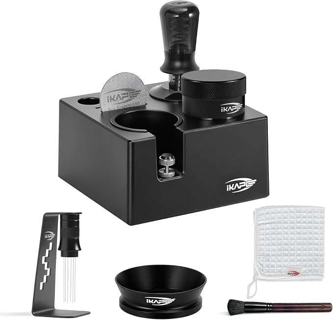 IKAPE 8-IN-1 51MM Espresso Tool Set, Coffee Tamper & Distributor Kit with Magnetic Funnel, Puck Screen, Tamper Station, WDT Tool, Cleaning Brush & Towel for Home Barista