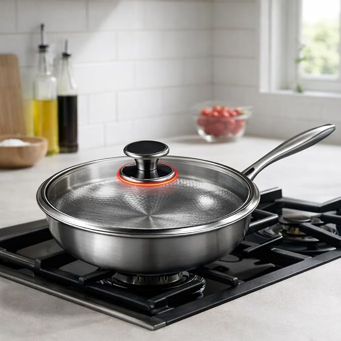 Titanium Frying Pan with Lid, 26cm Professional Stainless Steel Skillet, Nonstick Honeycomb Surface, Oven & Dishwasher Safe