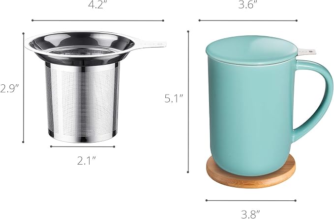 CEEFU 16oz Porcelain Tea Mug with Infuser, Lid and Coaster | Teaware with Filter, Loose Leaf Tea Cup Steeper Maker, Tea/Coffee/Milk/Women/Office/Home/Gift, Turquoise