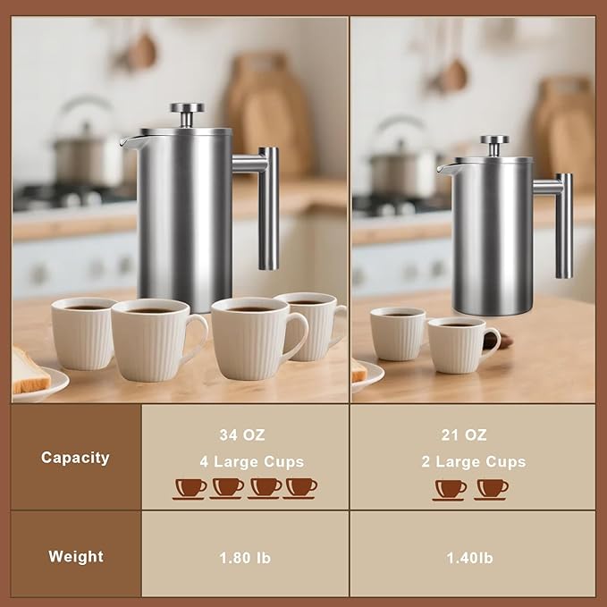 French Press 34 oz, Full Stainless Steel French Press Coffee Maker 4 Cups | Upgraded Double-Walled Insulated French Coffee Presses, Food Grade Good for Kitchen Camping, Dishwasher Safe 2 More Filters