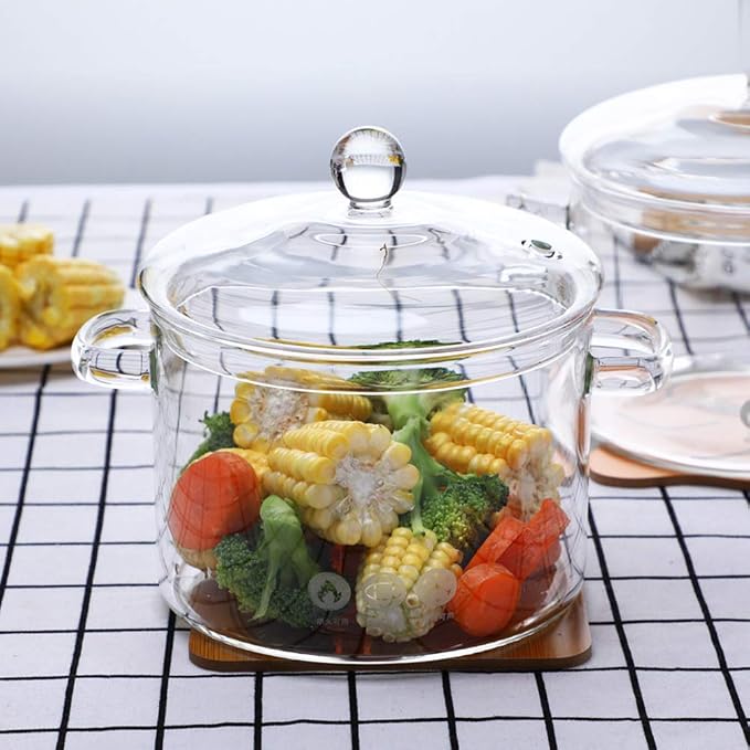 Glass Saucepan with Cover,2L/67OZ Heat-resistant Glass Stovetop Pot and Pan with Lid, The Best Handmade Glass Cookware Set Cooktop Safe for Pasta Noodle, Soup (1400 ml - Double-handled pot)
