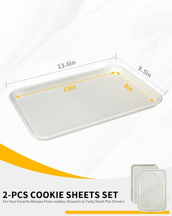 2-Pack 9x13 Quarter Sheet Pan Baking Sheet Set with Wire Rack - Nonstick 0.8mm Carbon Steel, Cookie Sheets for Baking, Non-Toxic, Dishwasher Safe, Oven Safe 450°F (External 9.5x13.6)