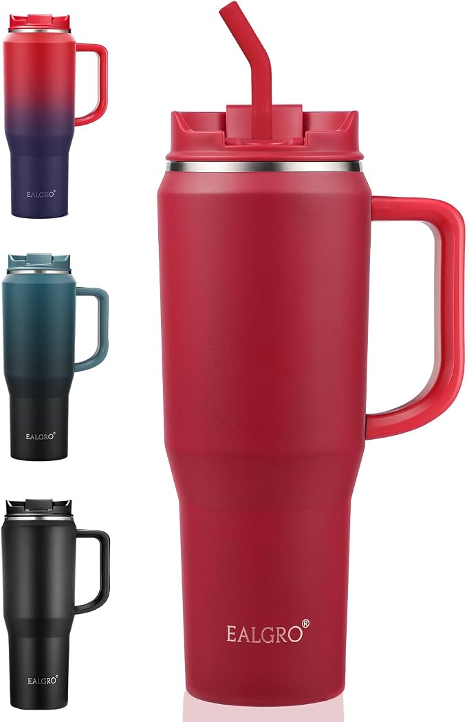 EALGRO 40 oz Tumbler with Handle, Insulated Tumblers with Lid and Straw | Leakproof Large Metal Sports Water Bottle Jug, Stainless Steel Travel Coffee Mug, Double Wall Vacuum Thermal Cup, Classic Red