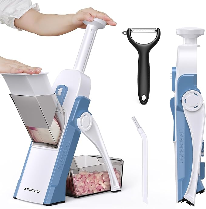 5 in 1 Adjustable Safe Mandoline Slicer for Kitchen with Paring Knife | Safe Mandoline Slicer for Kitchen, Easy to Clean/Storage, Potato Slicing, Strips, Shredding, Dicing, Chop, Cleaning brush