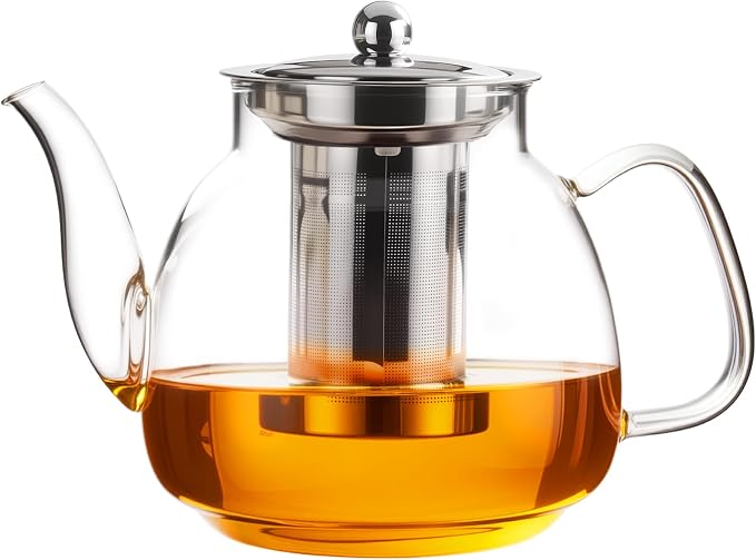 PARACITY Glass Teapot with Infuser, 50 oz Stovetop Kettle for Loose Tea | Borosilicate body with removable 18/8 steel strainer brews blooming and herbal teas; long spout supports travel or camping