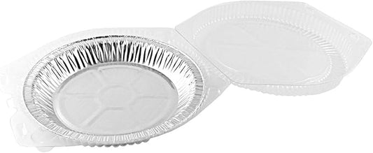 9" Aluminum Foil Pie Pans 1" Medium Deep - Made in USA Disposable Tins w/Clear Hinged Clamshell Container (Pack of 100 Sets)