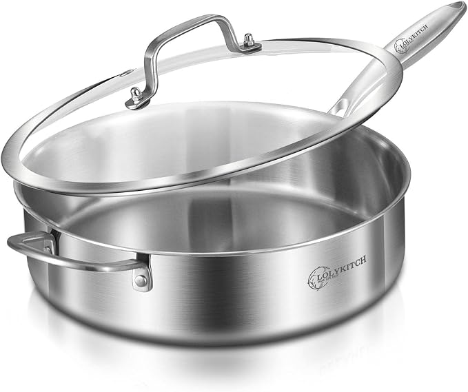 LOLYKITCH 6-Quart Saute Pan with Lid | 12-Inch Deep Frying Pan | Tri-Ply Stainless Steel Clad | Large Skillet | Jumbo Cooker | Dishwasher & Oven Safe | Detachable Handle | 5-7 Servings