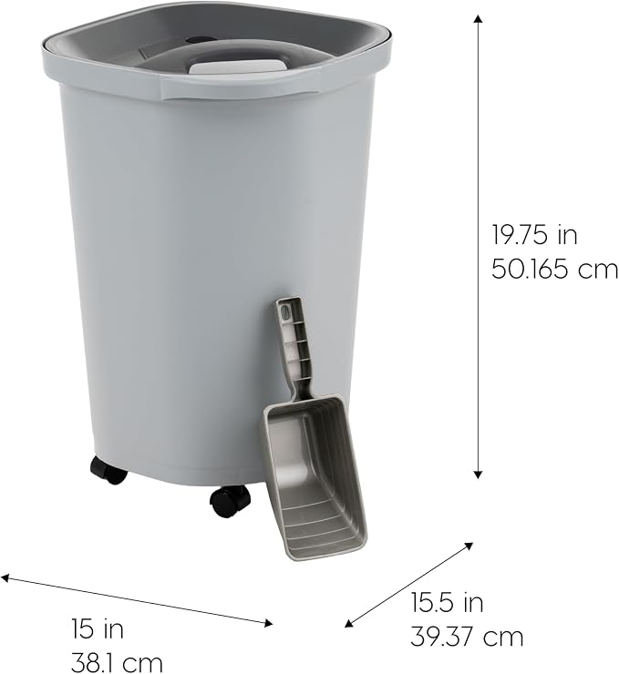 IRIS USA Dog Food Storage Container, Up to 25 lbs, Gray/Dark Gray | Made in USA, Comes with Wheels & 2-Cup Scoop, Airtight Seal, BPA-Free, Bird Seed, Cat food, Cat Litter, Treats, Pellets