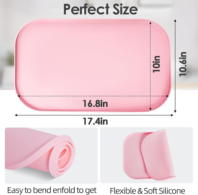Silicone Coffee Maker Mat with Lip for Countertops 17.4'' x 10.6'' Pink | Multi leak-proof coffee tray for countertop, non-slip silicone mat fits most coffee makers & espresso machines, wipe-clean