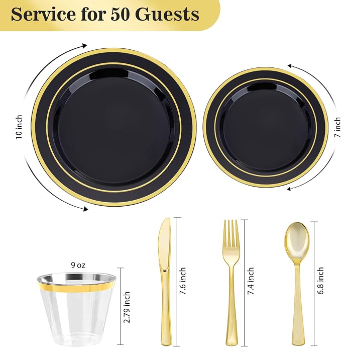 BESTVIP 300PCS Plastic Dinnerware Set, Black Gold Disposable Plates | for Party, Wedding, Anniversary, Includes: Dinner Plates, Dessert Plates, Cups, Spoons, Forks and Knives(50 Guests)