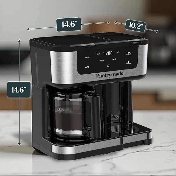 Pantrymade Dual Brew Coffee Maker, 12-Cup Drip & Single Serve K-Cup, Black | Brew a full 12-cup carafe or a single K-Cup pod with programmable touchscreen controls, auto shut-off and reusable filter.