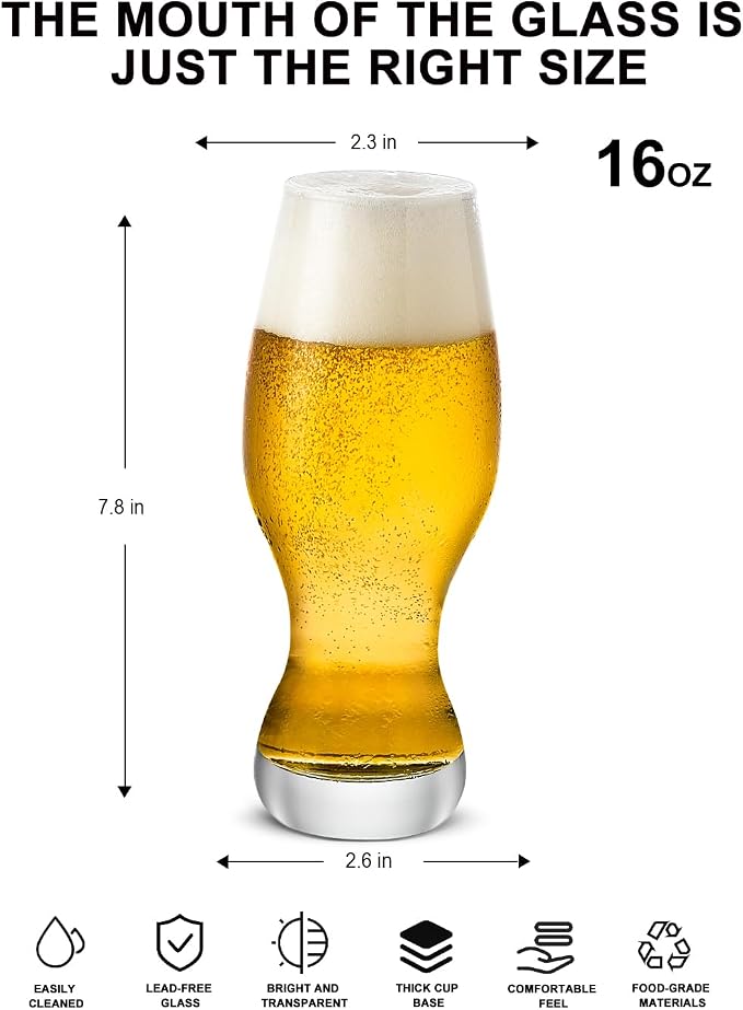 LUXU IPA Beer Glasses,Pilsner Beer Glasse,16 oz,Set of 4 | Craft Beer Bar Glasses,Lead-free Drinking Glasses,Ideal Gifts for Lager,Ale or Craft Beer Lovers-Crystal Clear