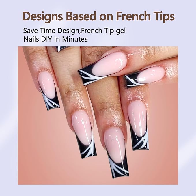 Misssix 240Pcs French Tip Press on Nail Long Square Gel Fake Nails Pink | Black French Nail Tips No Need to File 3 in 1 Pre-lasting for Nail Art DIY 15 Sizes