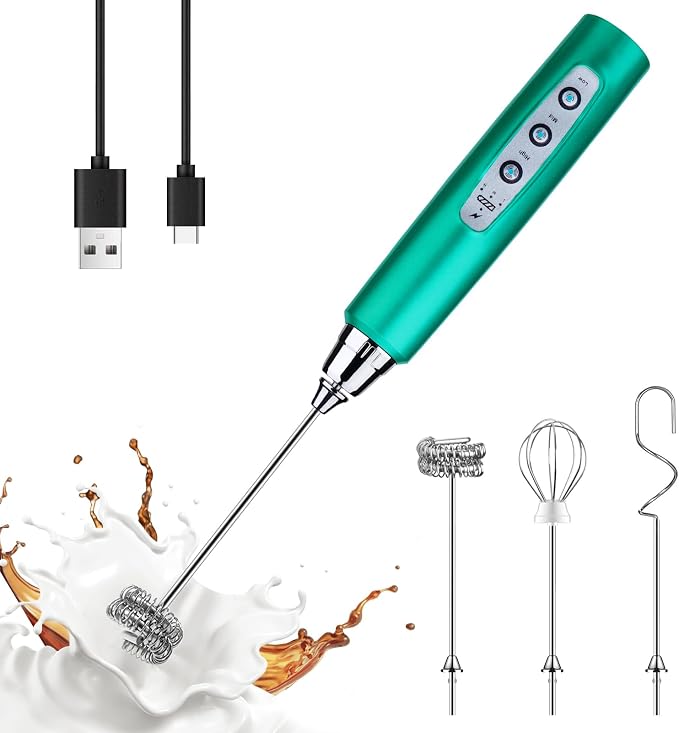 YUSWKO Handheld Milk Frother Wand for Coffee, Rechargeable Electric Whisk with 3 Heads 3 Speeds Drink Mixer Coffee Frother For Latte, Cappuccino, Hot Chocolate, Egg, Turquoise
