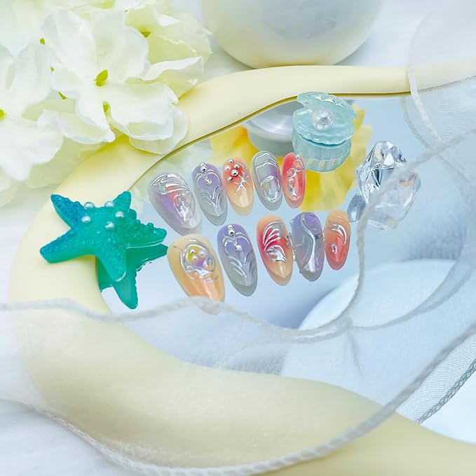 30Pcs Medium Almond Press on Nails Orange Pink Gradient Fake Nails Chrome Silver Butterfly Heart False Nail with 3D Rhinestones Design Full Cover Glue on Nails Y2K Gothic Acrylic Nails for Women Girls