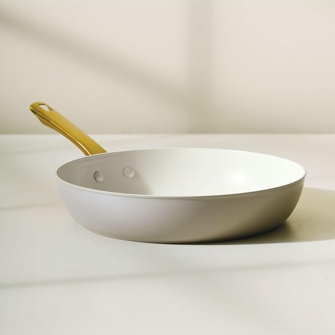 Farberware Forged Induction Ceramic Nonstick Fry Pan/Skillet, Dishwasher Safe, Gold Color Stainless Steel Handle, 12.25 Inch Frying Pan - Taupe