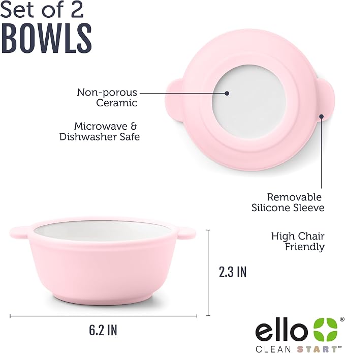 Ello Clean Start Ceramic Toddler Bowls with Sleeves, 2 Pack, Cashmere Pink/Dune