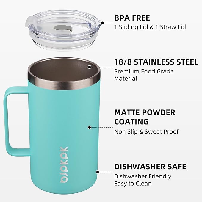 BJPKPK 25oz Insulated Coffee Mug with Handle, Stainless Steel Travel Mug | Keeps Drinks Hot & Cold, Double Wall Vacuum, 2 Lids Included, BPA-Free Coffee Tumbler for Home, Office & Travel